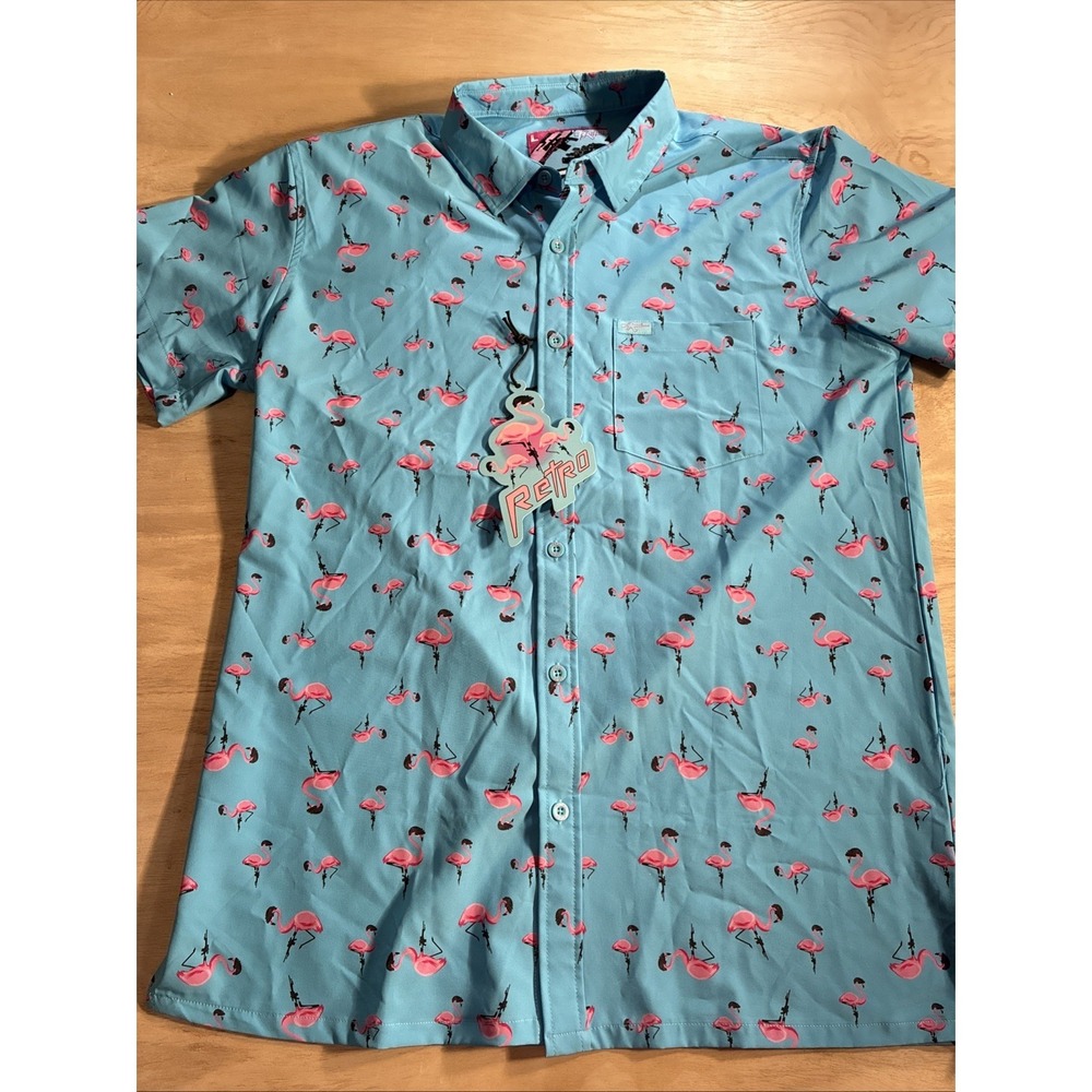 Retro Rifle Shirt Mens Large Blue Pink Button Down Tactimingo AOP Print Flamingo